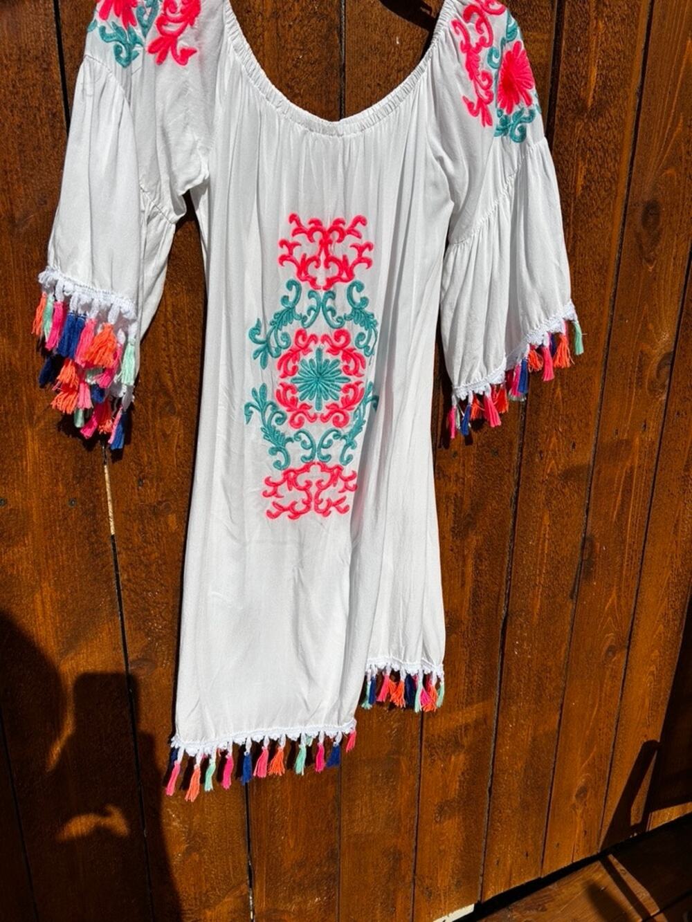 La Moda Boho Chic Embroidered Mini Dress Tassels Cover Up White Pink Teal OSFM